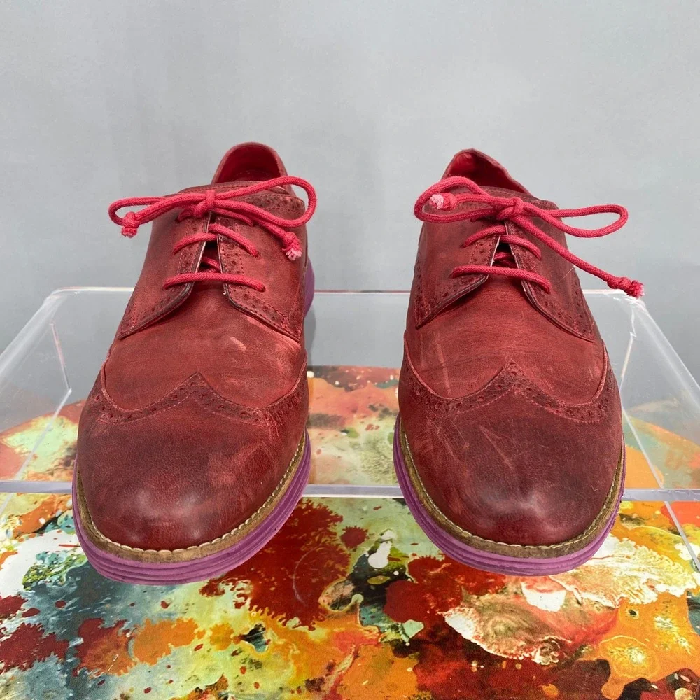 Cole Haan Lunargrand Red Leather Wingtip Oxford Shoes Purple Sole Womens 10